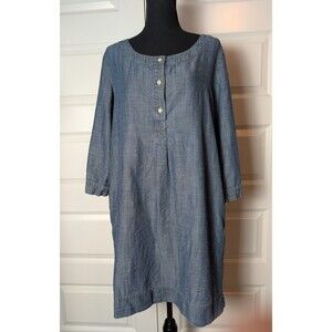 J Jill Size M Dress Linen Tencel Blend Chambray Pockets Relaxed Preppy Coastal